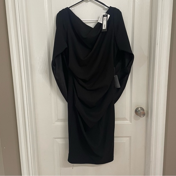 Betsy & Adam Elegant Cape Sleeve Crepe Sheath Dress - Picture 5 of 9